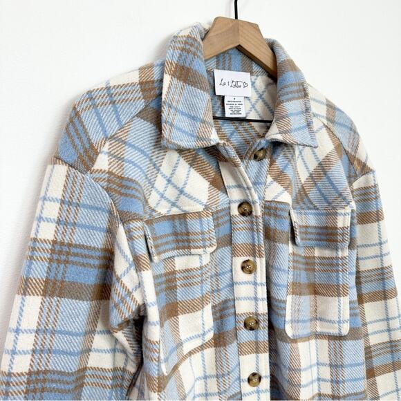 Liv & Lottie Cream Plaid Shirt Jacket size Small Oversized Preppy Boutique - Picture 3 of 6